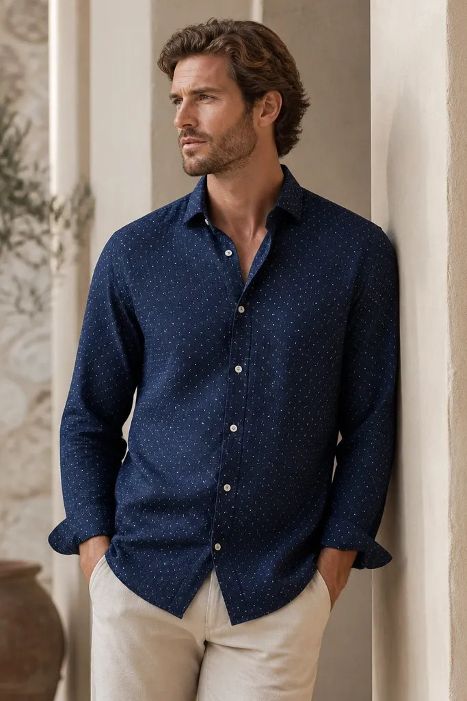 A men's linen button-down shirt in deep navy with tiny evenly spaced white dots, full-length sleeves, crisp collar, and a slightly relaxed fit; paired with light beige trousers.