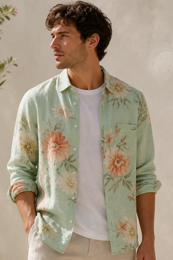A seafoam green linen shirt with soft watercolor-style floral prints in peach and pale yellow; it's worn open over a plain white tee, with rolled sleeves and a relaxed silhouette.