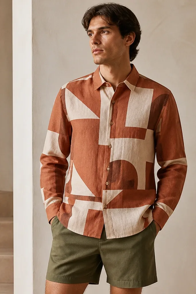 A terracotta linen shirt with bold geometric block print in off-white and muted brown, buttoned up with a structured collar; styled with olive shorts.