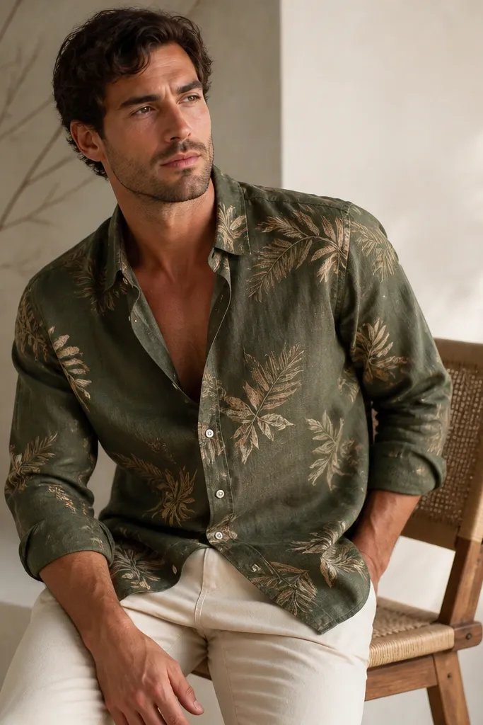 An olive green linen shirt with tan and light brown leaf prints scattered across the fabric; worn half-buttoned with a relaxed fit, paired with cream chinos.
