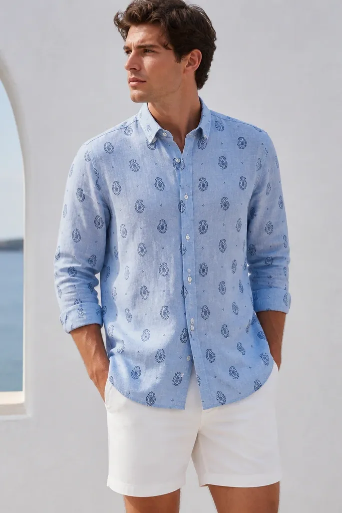 A light sky-blue linen shirt with navy paisley print in small repeating motifs, buttoned with long sleeves; styled with white shorts.