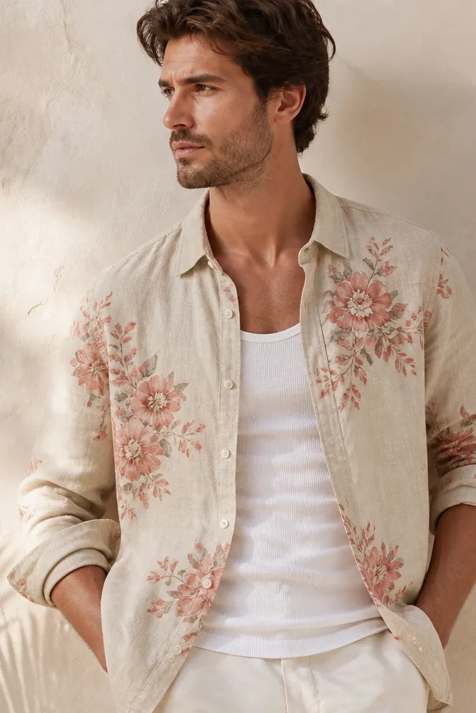A sand-colored linen shirt with coral and muted pink floral spray print concentrated in clusters; worn open over a white tank, with rolled sleeves.