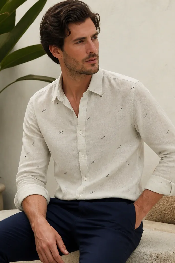 A cream linen shirt with tiny black script-like print scattered across the fabric, slim collar, buttoned front; paired with navy chinos.
