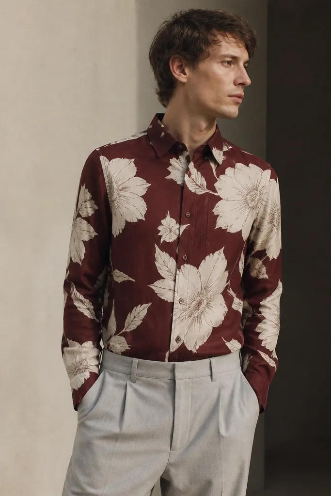 A deep burgundy linen shirt with oversized white floral prints, bold scale, buttoned up; paired with light grey trousers.