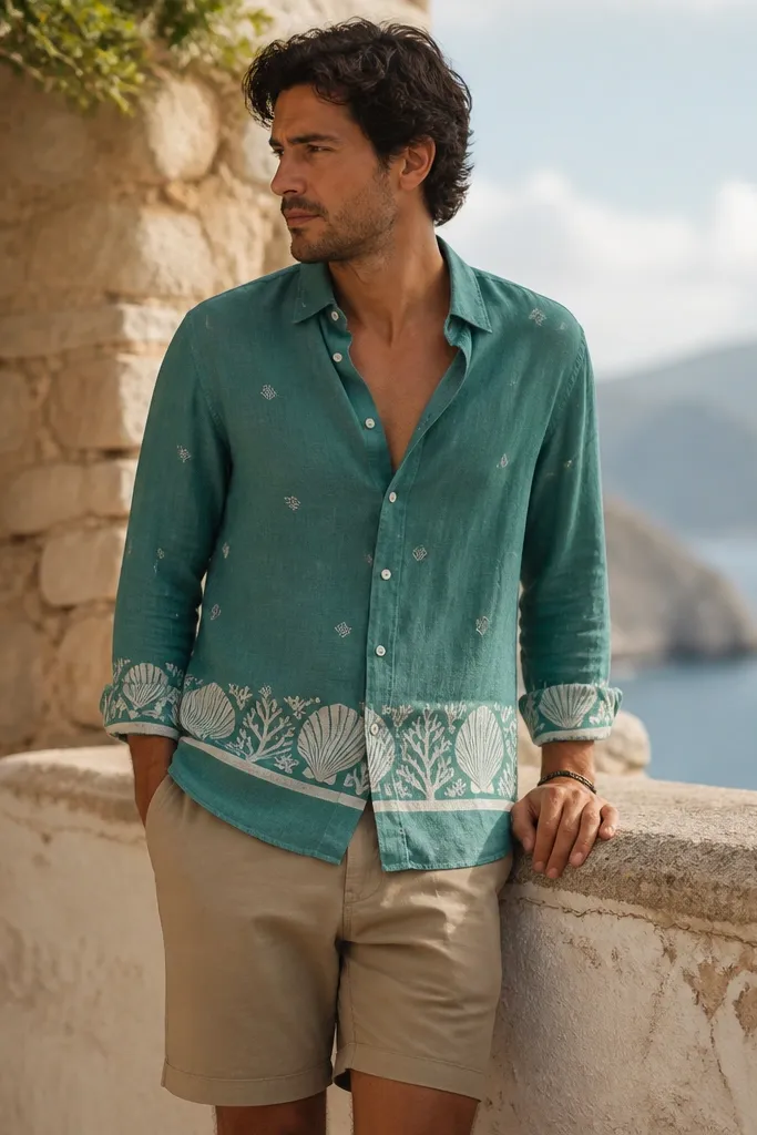 A teal linen shirt with a white shell border print running along the lower part of the shirt and small scattered shells; worn half-buttoned with tan shorts.