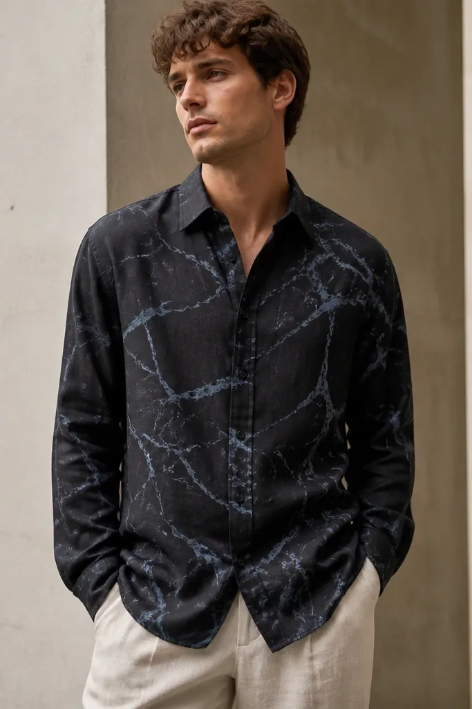 A black linen shirt with pale blue marble-like print veining, buttoned with long sleeves, slightly relaxed drape; paired with light stone pants.