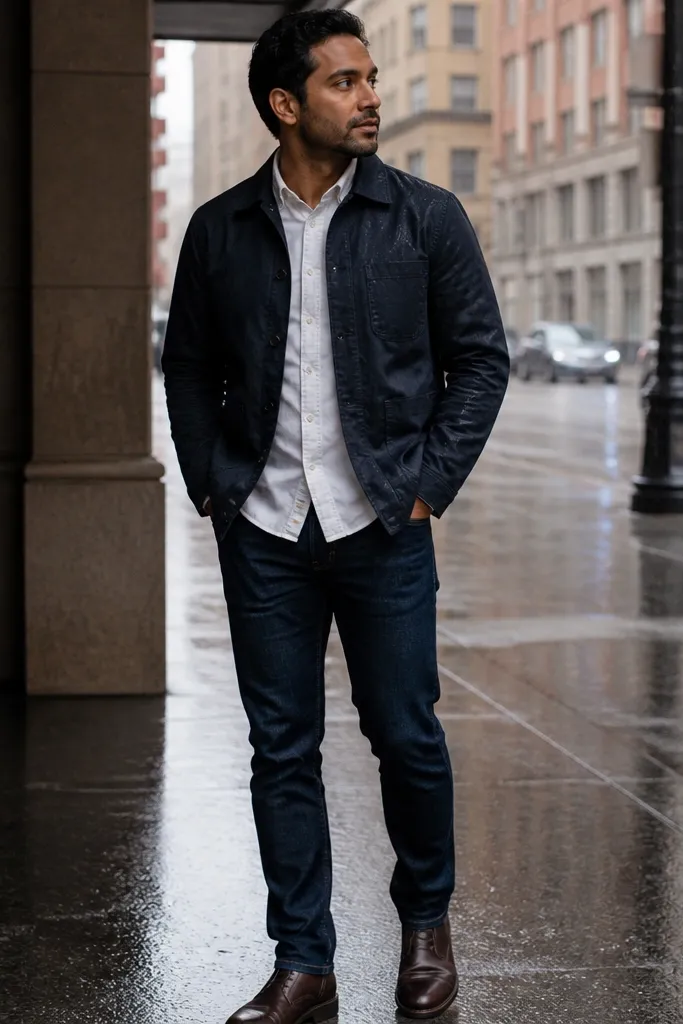Navy chore jacket over a white Oxford shirt with dark jeans and brown leather boots