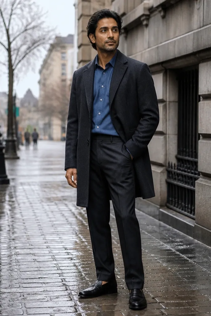 Charcoal overcoat over a blue dress shirt with charcoal trousers and dark loafers