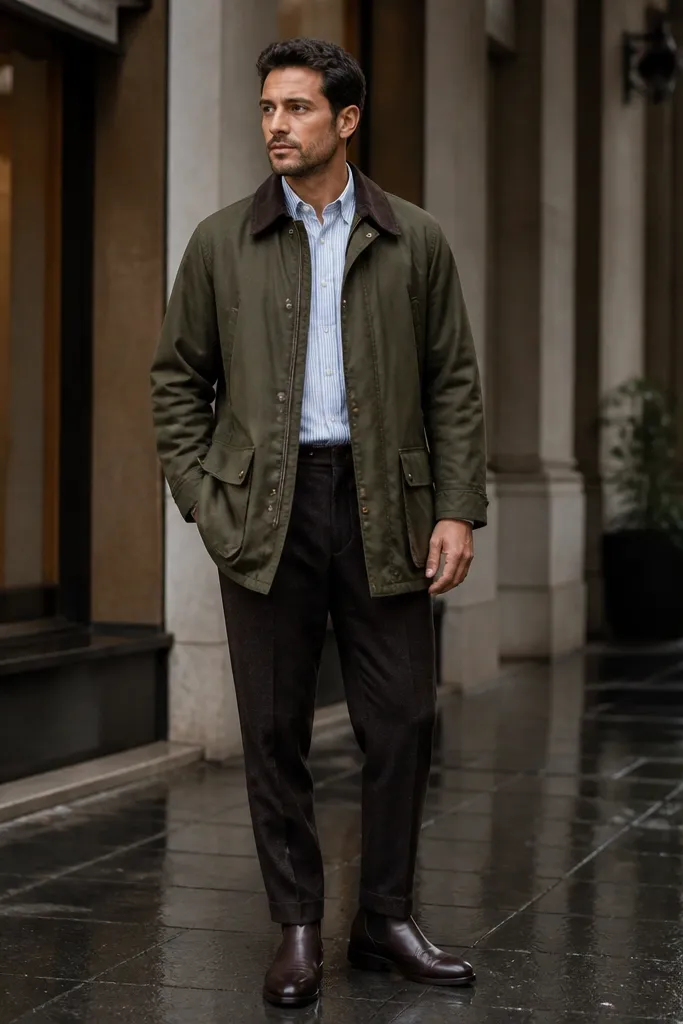 Deep olive field jacket over a thin striped shirt with dark trousers and dark brown boots