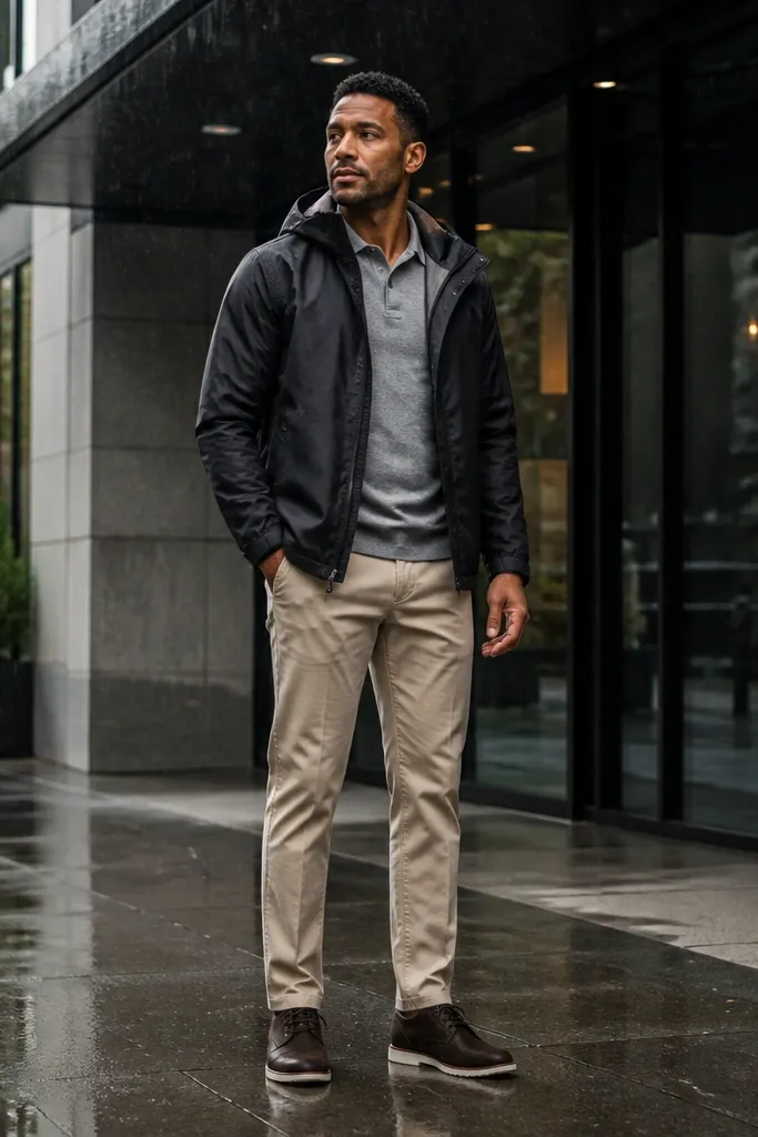 Black rain shell over a light gray knit polo with beige-gray chinos and black sneakers