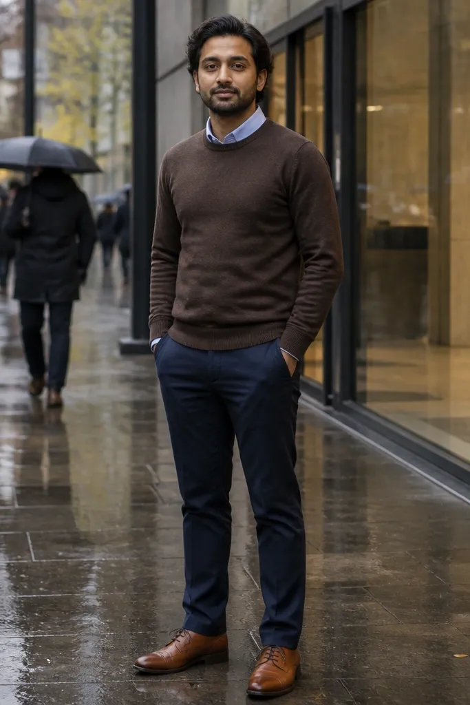 Brown sweater over a collared shirt with navy trousers and waterproof leather derby shoes