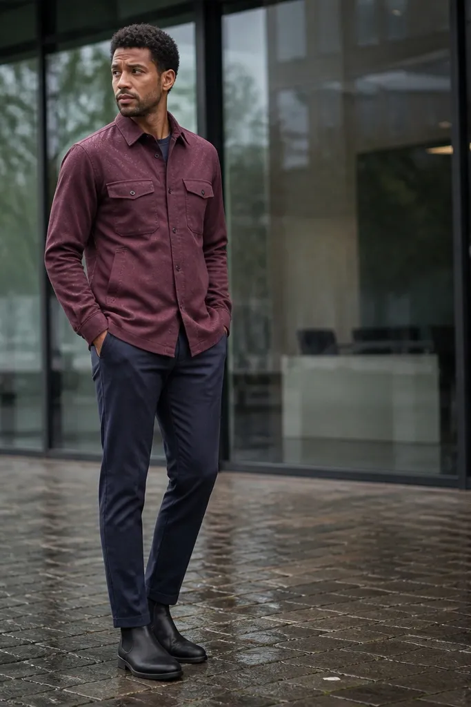 Burgundy over-shirt with navy chinos and dark Chelsea boots