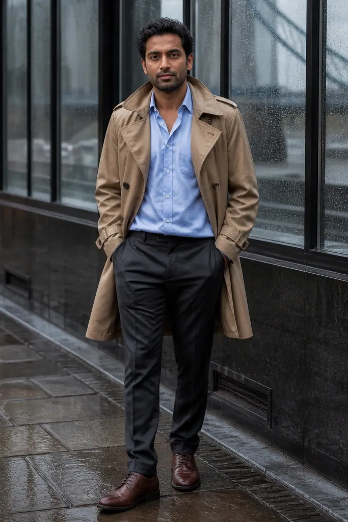 Tan trench coat over a light blue button-down with dark slim trousers and brown leather shoes
