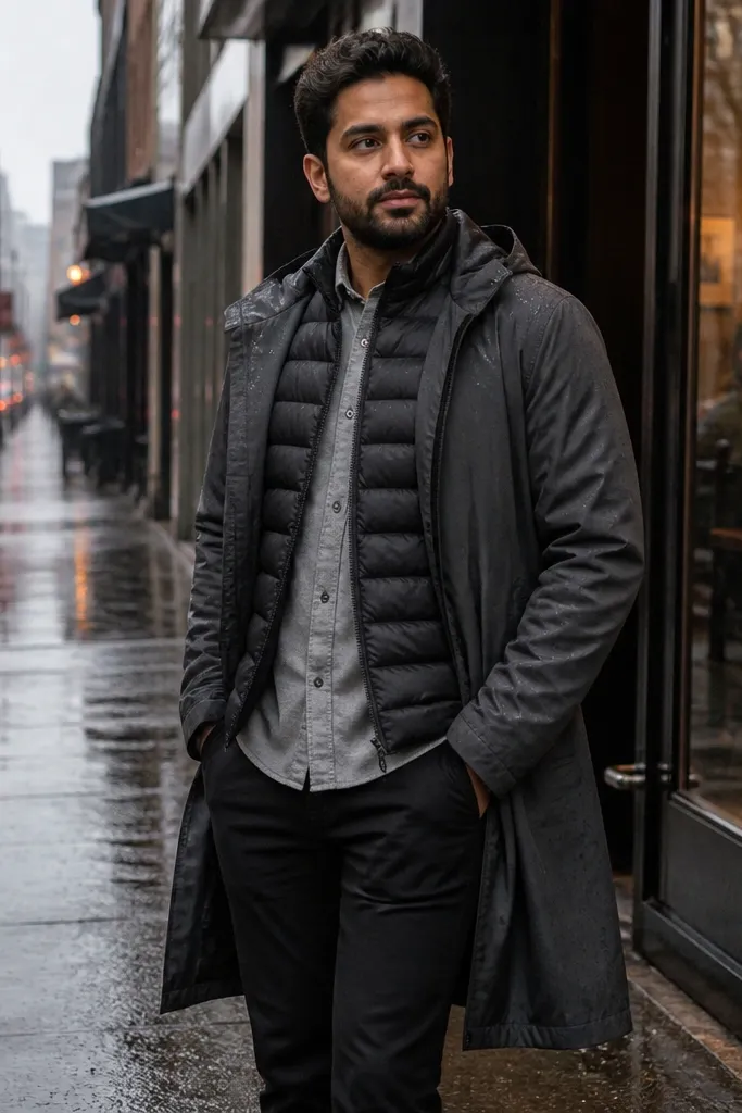 Gray flannel shirt under a black puffer vest with dark trousers and a long raincoat