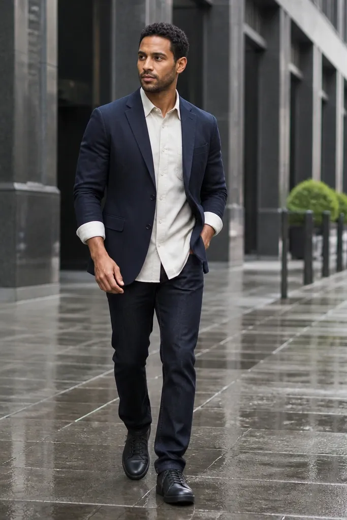 Cream roll-tab shirt under a navy blazer with dark jeans and waterproof sneakers
