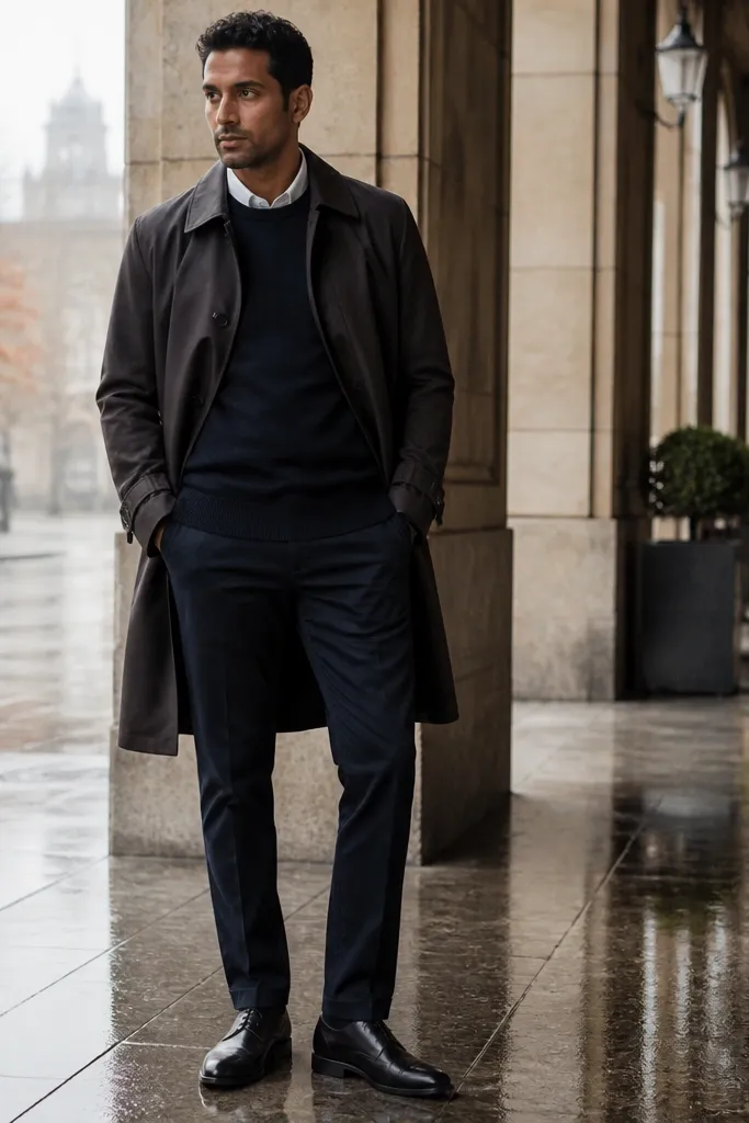 White poplin shirt under a navy sweater with a fitted trench and dark leather shoes