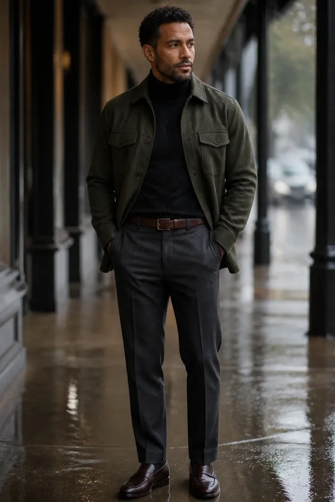 Olive overshirt over a black turtleneck with straight-leg trousers and dark boots