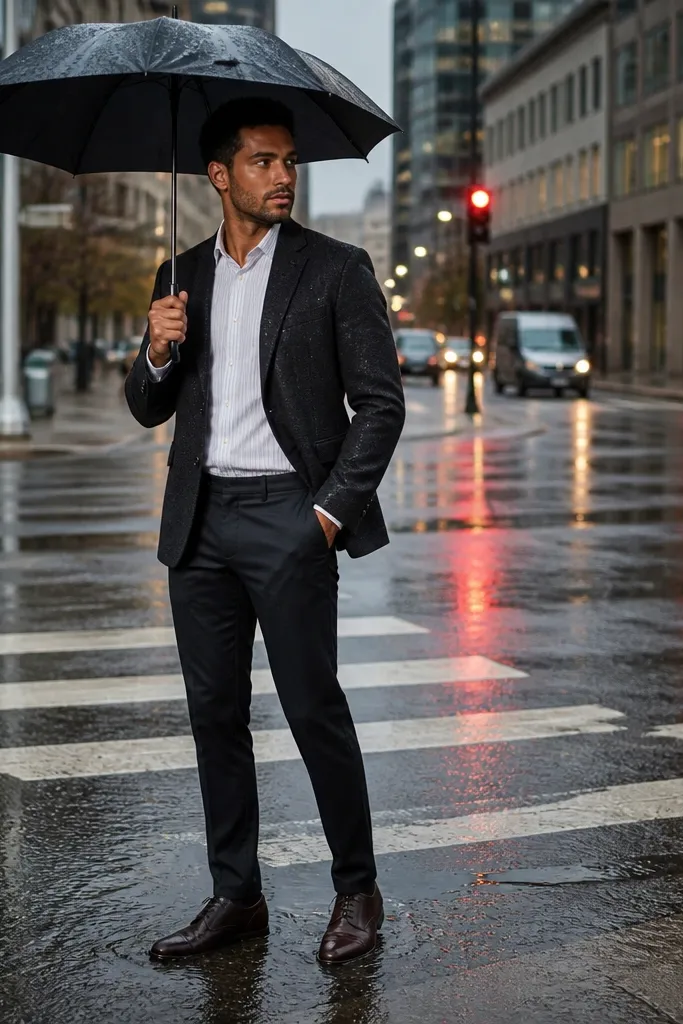 Charcoal sport coat over a light pinstripe shirt with dark chinos and brown loafers