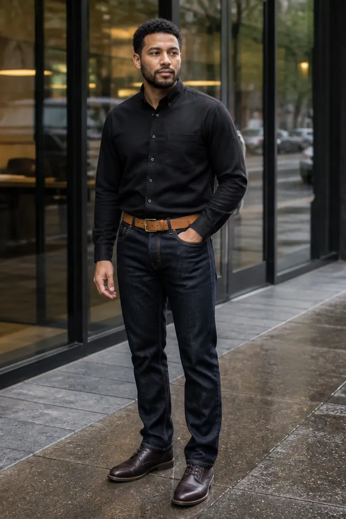 Black oxford overshirt with a tan belt, dark straight jeans, and black Chelsea boots