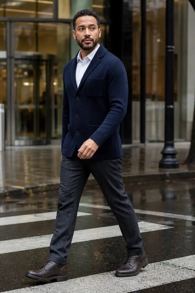 Navy sweater blazer over a white shirt with dark trousers and waterproof derby boots