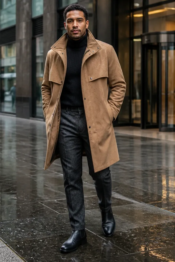 Camel mac coat over black turtleneck with slate wool trousers and black chelsea boots