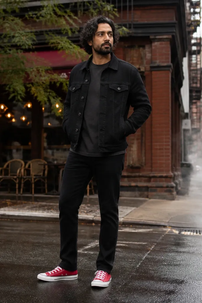Red low-top Converse with black jeans and a black denim jacket