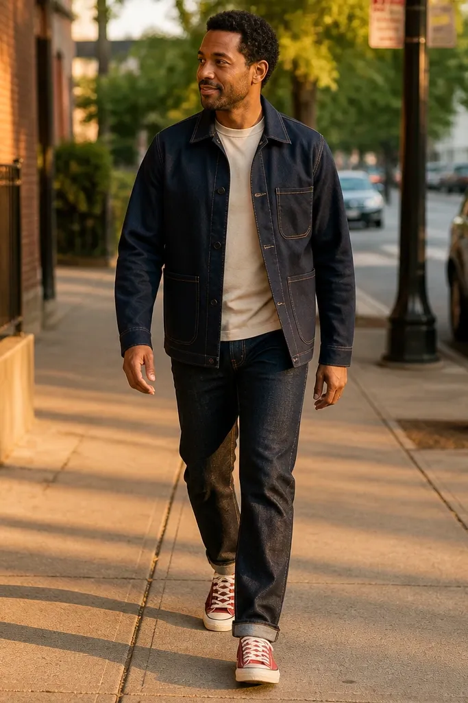 Red Converse with a navy chore jacket, cream tee, and dark wash jeans