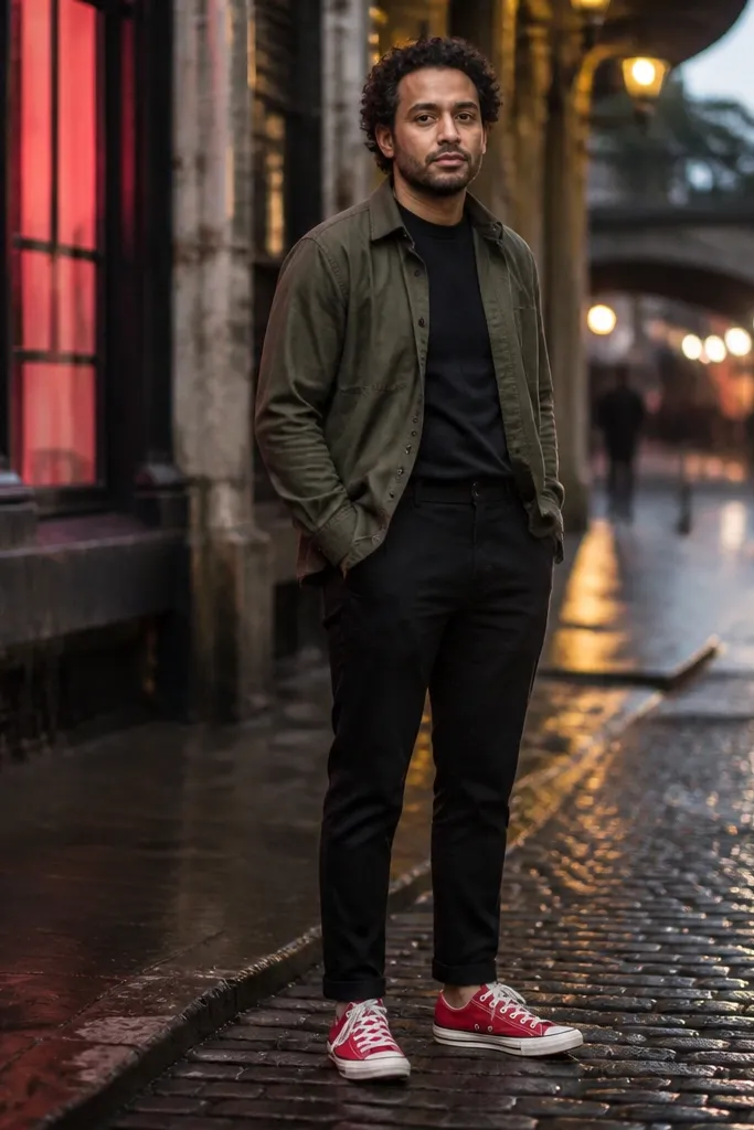 Red Converse with an olive overshirt and black tapered pants