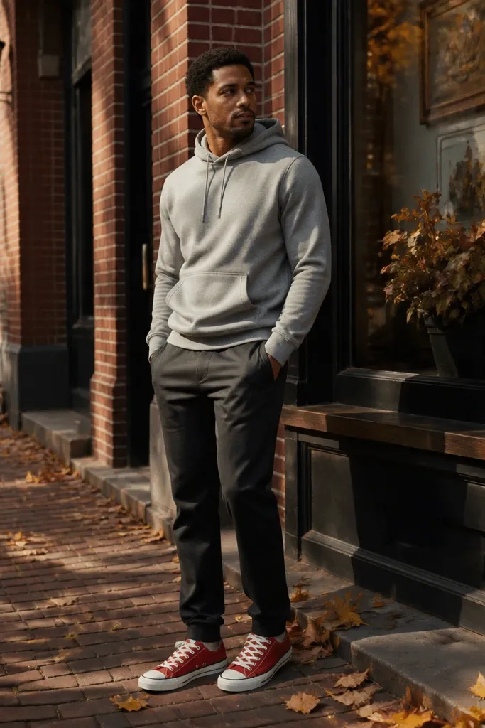 Red Converse with a heather gray hoodie and charcoal joggers