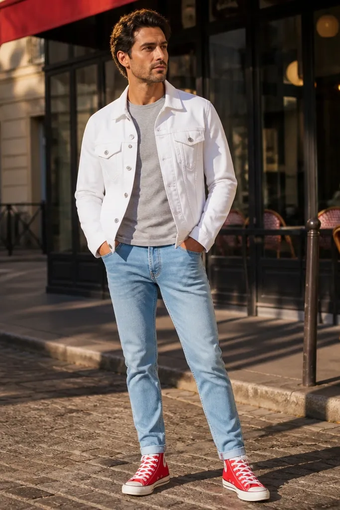 Red high-top Converse with a white denim jacket and light blue jeans