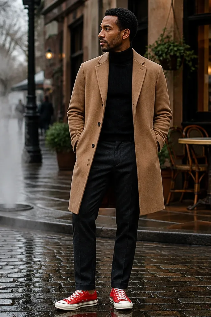Red Converse with a black turtleneck and camel overcoat