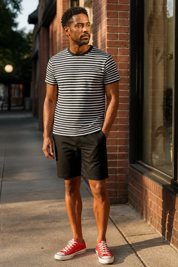 Red Converse with a striped tee and black shorts