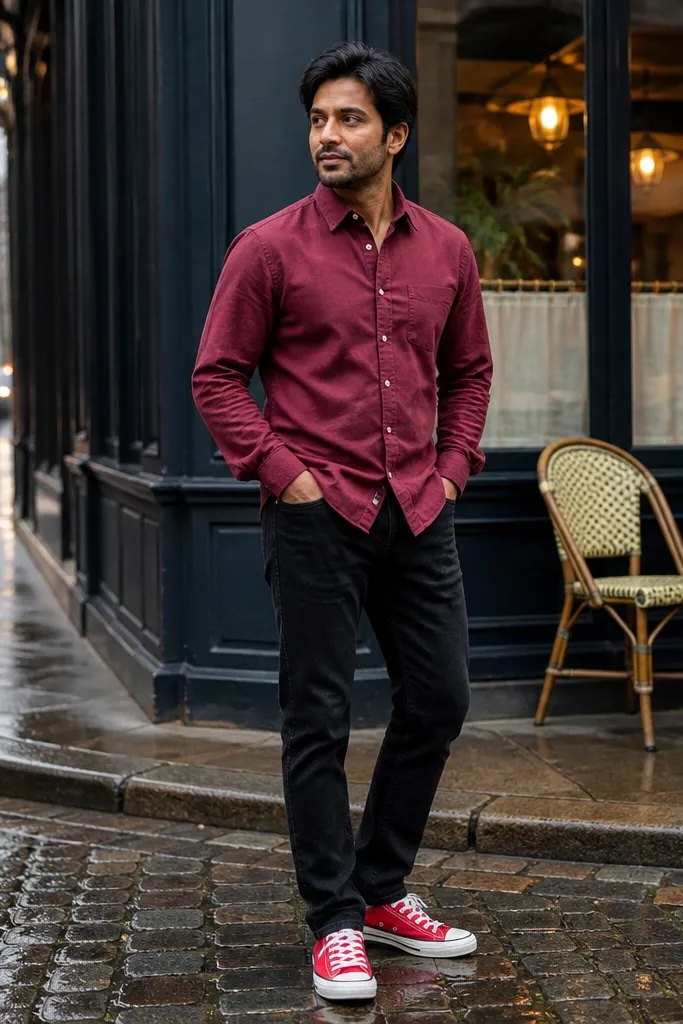 Red Converse with a burgundy button-up and black jeans