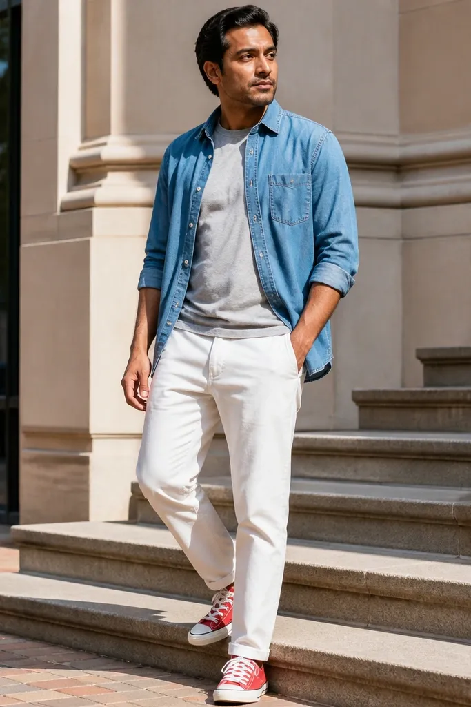 Red Converse with a light denim shirt and white chinos