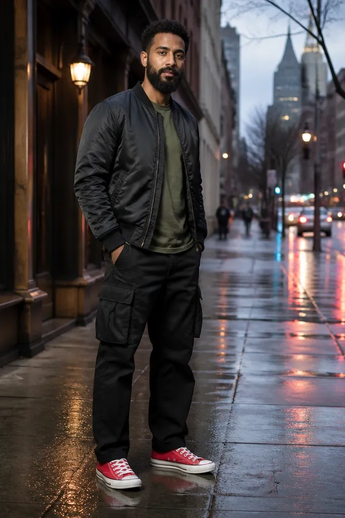 Red Converse with a black bomber, olive tee, and black cargo pants