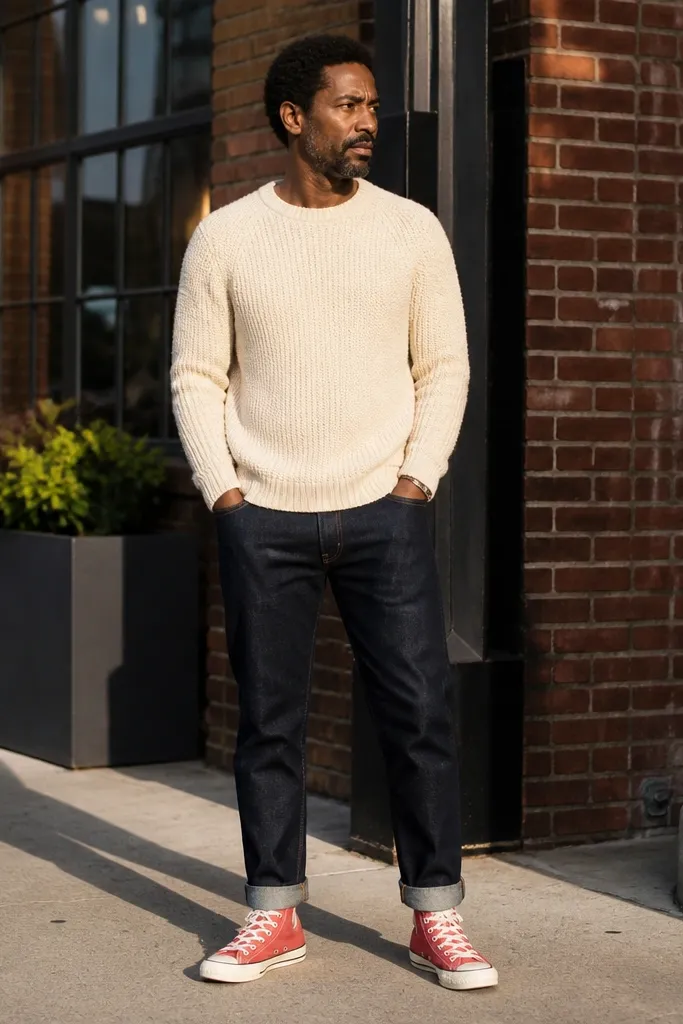 Red high-top Converse with a cream knit sweater and dark denim jeans