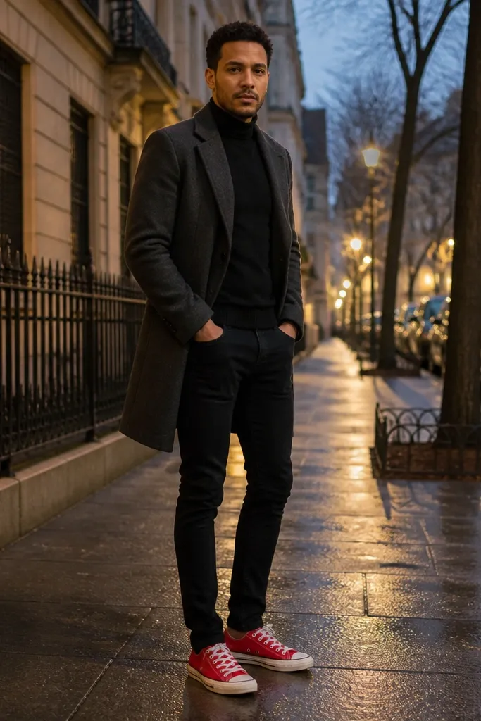 Red Converse with a charcoal wool coat and black skinny jeans