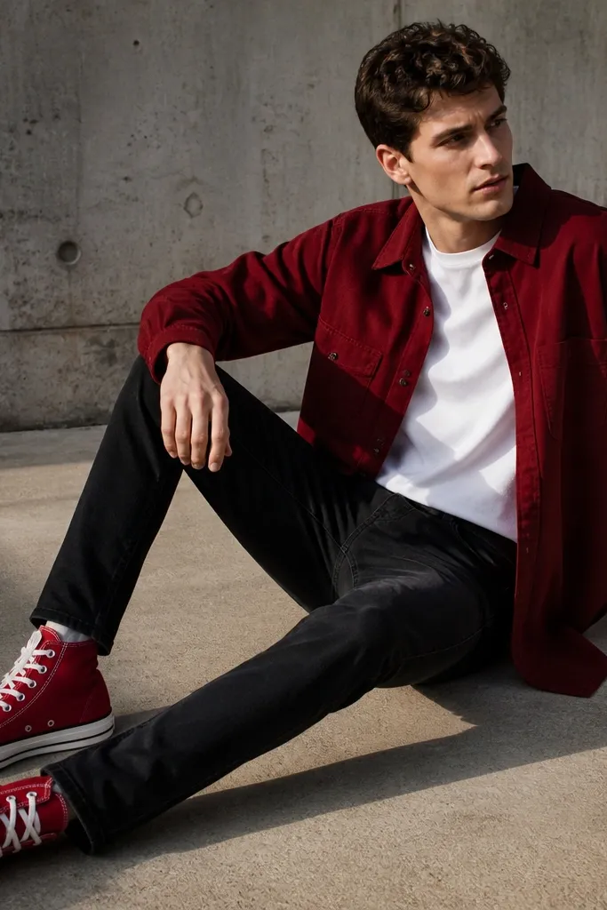 Red Converse with a red overshirt over a white tee and black jeans
