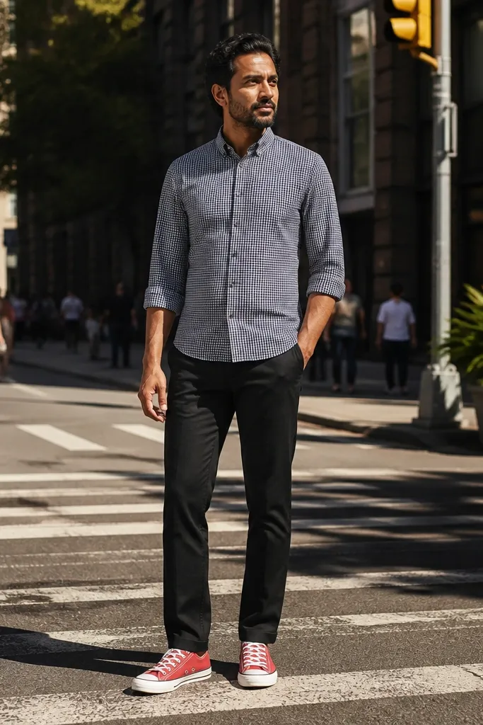 Red Converse with a patterned shirt, black trousers, and a dark belt
