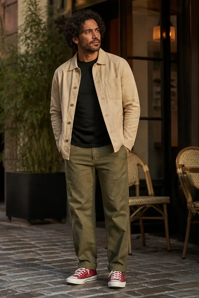 Red Converse with a beige chore coat, black tee, and olive pants
