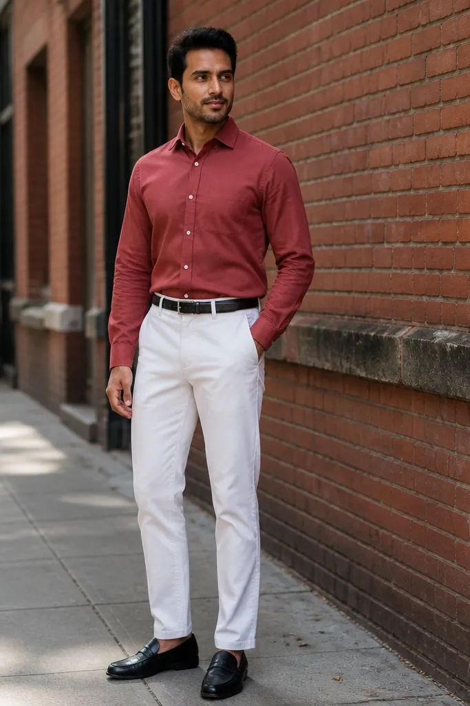 Brick red button-down with white straight chinos and brown loafers