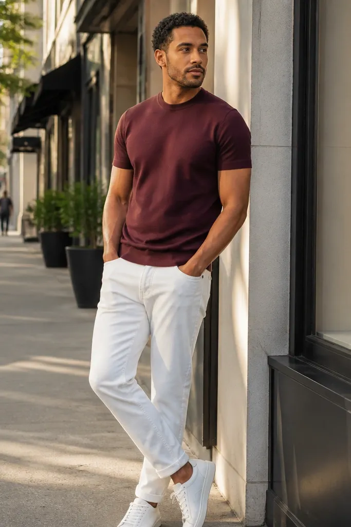 Deep burgundy T-shirt with white tapered jeans and black sneakers