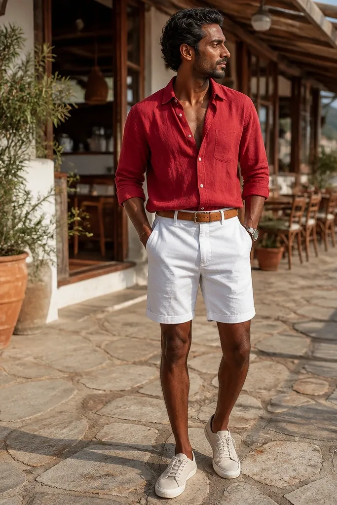Red linen shirt with white linen shorts and tan sandals