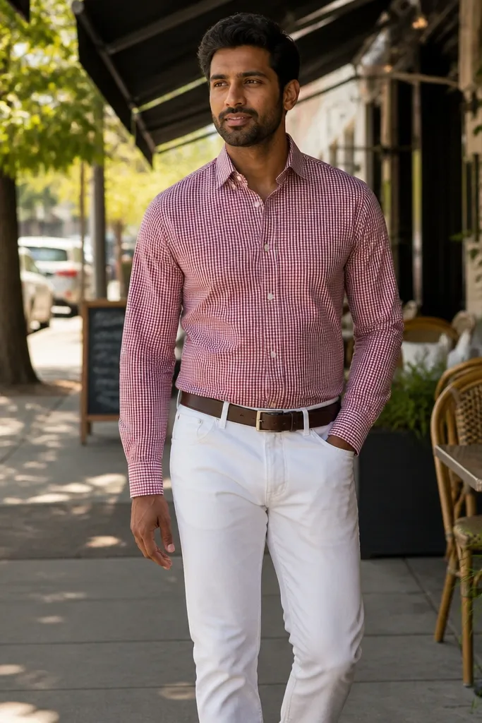 Red gingham button-down with white straight-leg pants and cognac belt