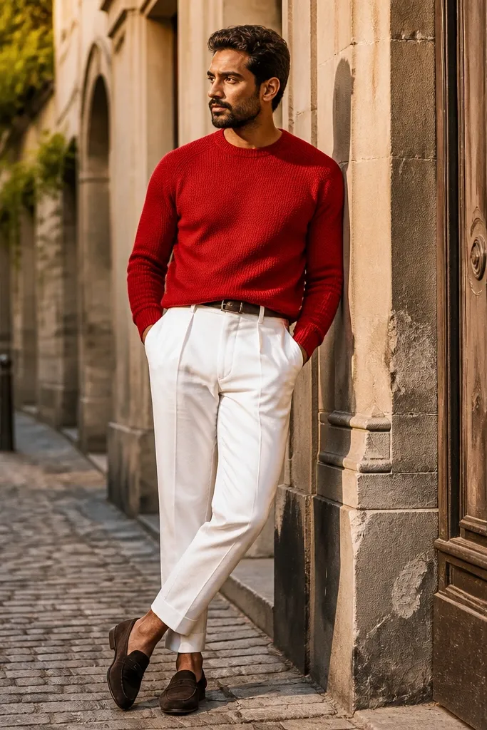 Scarlet knit crew sweater with white cropped trousers and brown chelsea boots