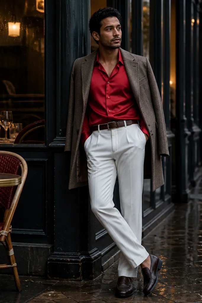 Red satin button-down with white slim trousers and black loafers