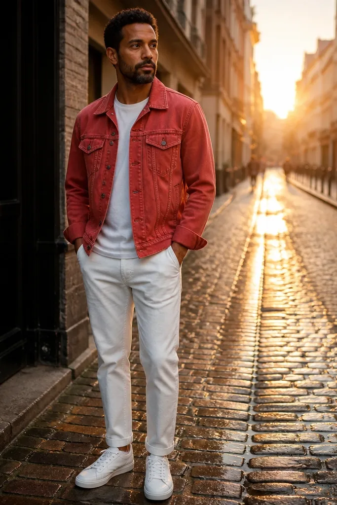 Red denim jacket over white tee with white chinos and white sneakers
