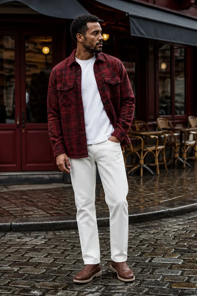 Red flannel overshirt with white straight jeans and gray boots