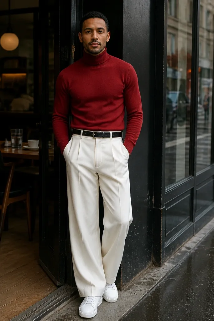 Red turtleneck sweater with white wide-leg trousers and black boots