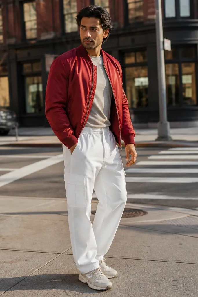 Red bomber jacket with white utility pants and black high-top sneakers